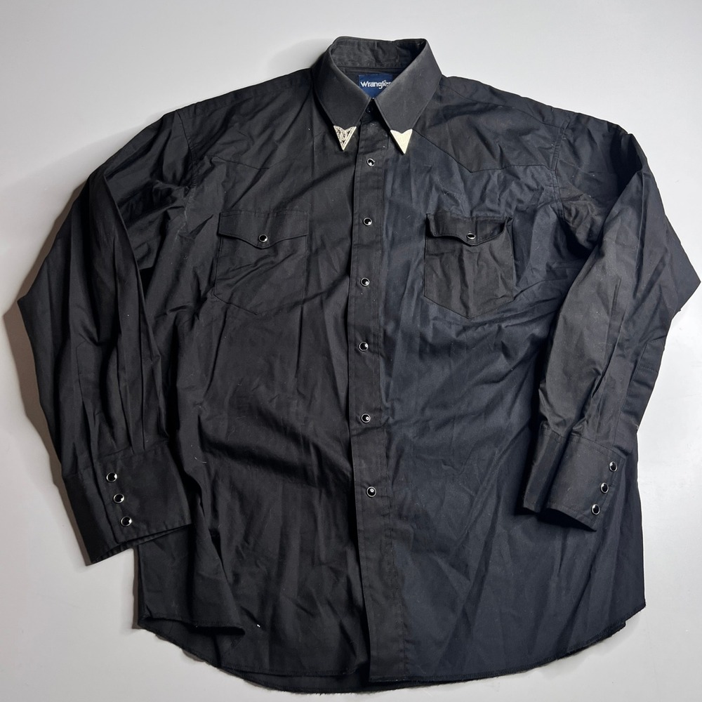 Wrangler Mens Black Western Snap Shirt Collar Tips Horseshoe 16.5 x 35‎ 71105BK